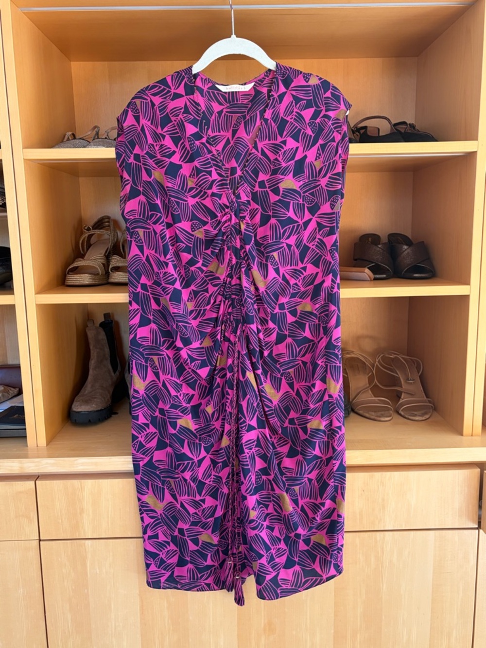 Silk Midi Dress in Pink & Mavy Leaf Print
